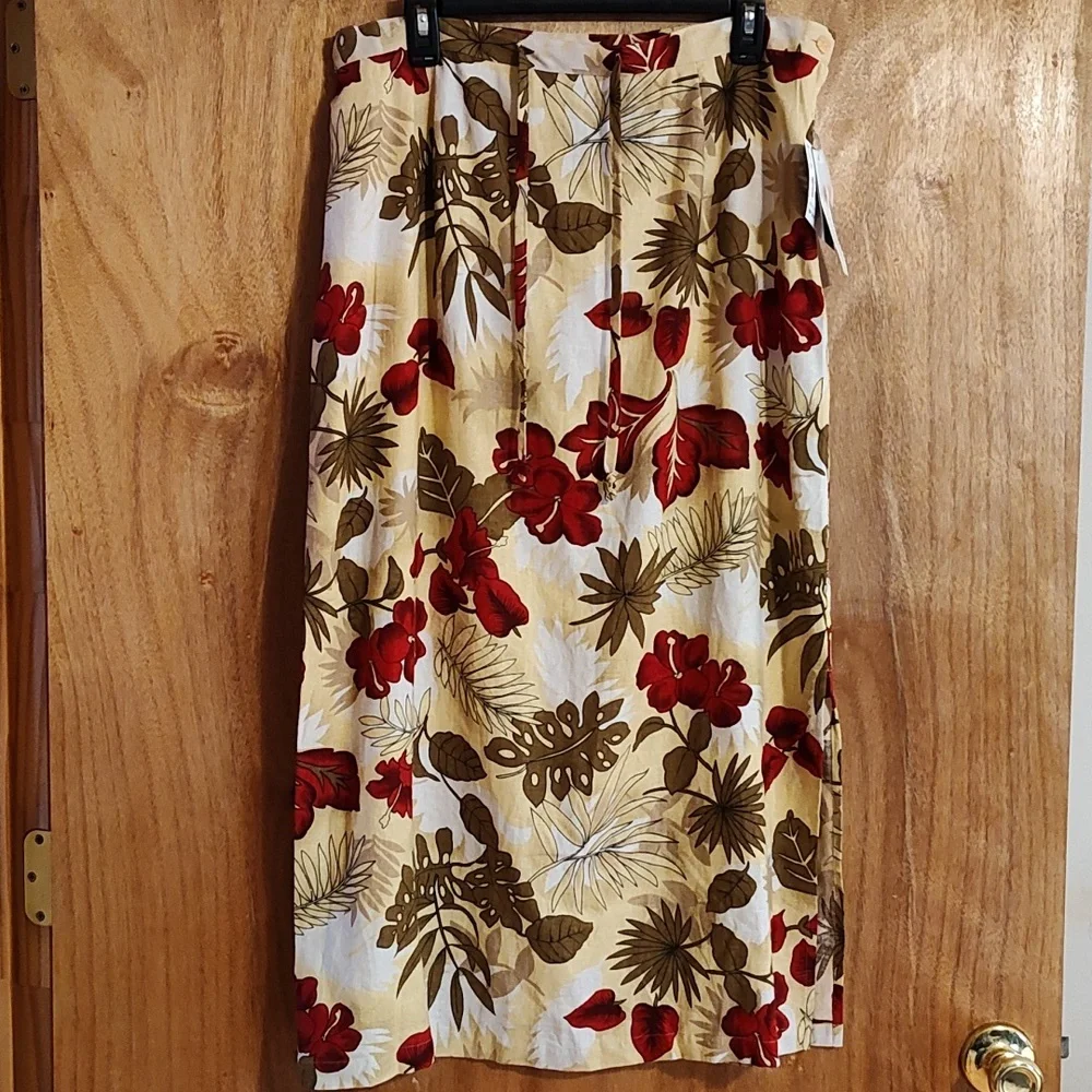 🌺 NWT Sag Harbor Tropical Print Drawstring Maxi Skirt Yellow Red Linen Rayon 18